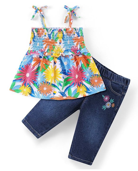 Babyhug Single Jersey Knit Sleeveless Top & Denim Jeans Set Floral Print - Multicolor & Blue