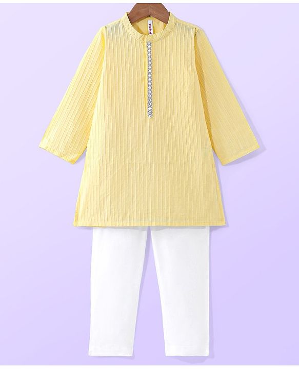 Babyhug Cambric Full Sleeves Pintucked Kurta with Embroidered Neck & Pyjama Set - Yellow