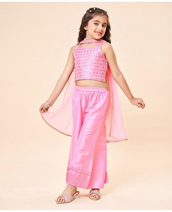 Babyhug Sleeveless Embroidered & Sequinned Crop Top With Palazzo and Dupatta Set - Light Pink