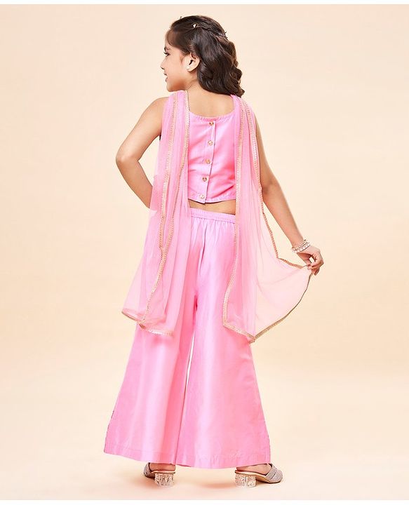 Babyhug Sleeveless Embroidered & Sequinned Crop Top With Palazzo and Dupatta Set - Light Pink