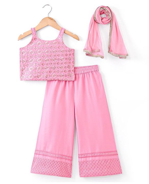 Babyhug Sleeveless Embroidered & Sequinned Crop Top With Palazzo and Dupatta Set - Light Pink