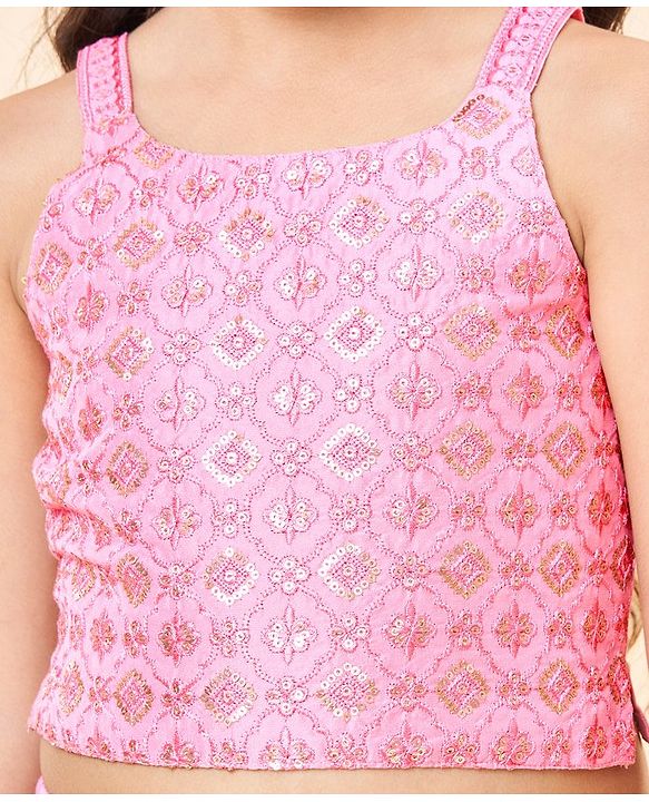 Babyhug Sleeveless Embroidered & Sequinned Crop Top With Palazzo and Dupatta Set - Light Pink