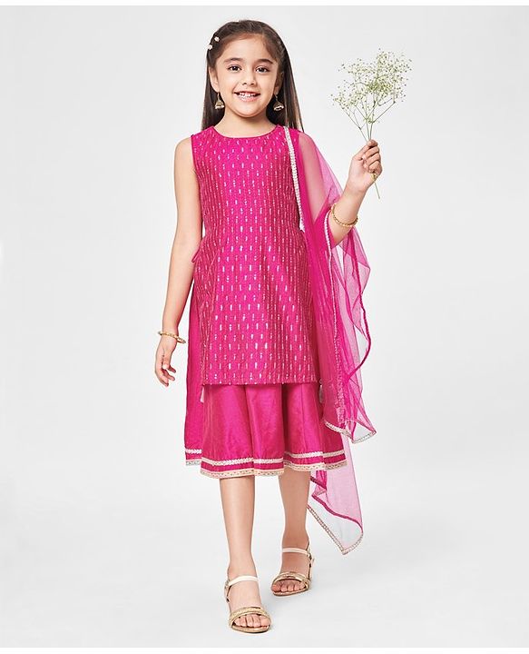 Babyhug Net Sleeveless Embroidered Ethnic Dress with Sequins - Fuschia