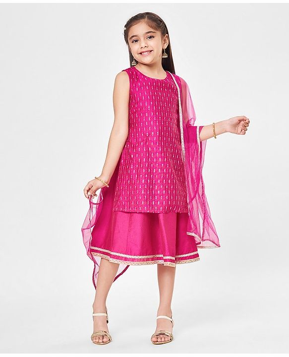 Babyhug Net Sleeveless Embroidered Ethnic Dress with Sequins - Fuschia