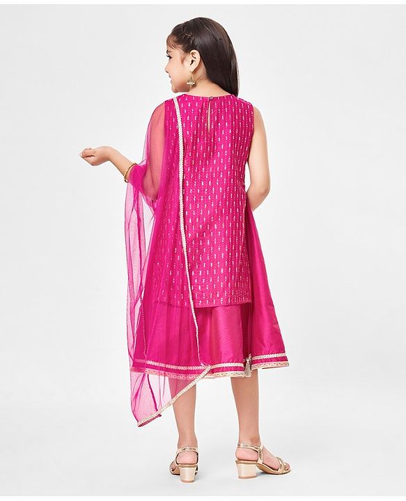 Babyhug Net Sleeveless Embroidered Ethnic Dress with Sequins - Fuschia