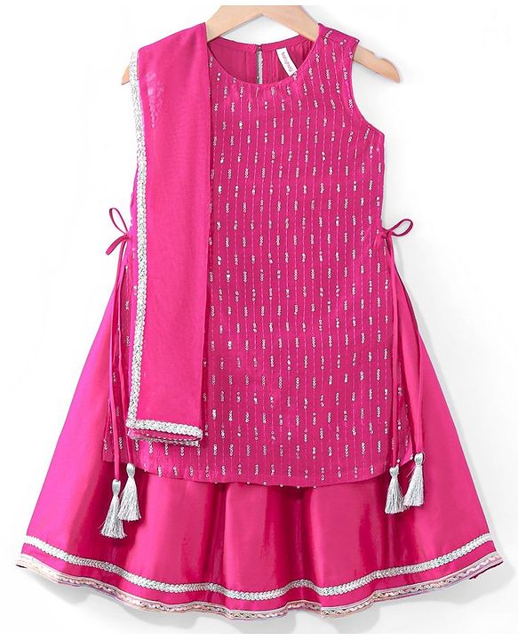 Babyhug Net Sleeveless Embroidered Ethnic Dress with Sequins - Fuschia