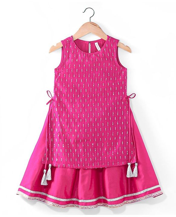 Babyhug Net Sleeveless Embroidered Ethnic Dress with Sequins - Fuschia