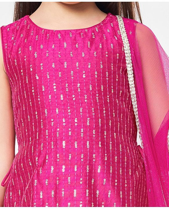 Babyhug Net Sleeveless Embroidered Ethnic Dress with Sequins - Fuschia