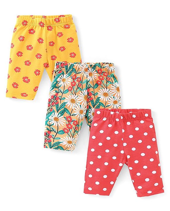 Babyhug Cotton  Lycra Knit Three Fourth Leggings Floral & Polka Dots Print Pack of 3 - Multicolour