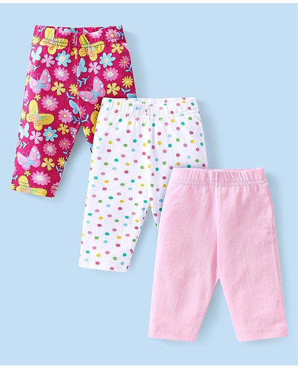 Babyhug Cotton  Lycra Three Fourth Leggings with Butterfly & Polka Dot Print Pack of 3 - Multicolor
