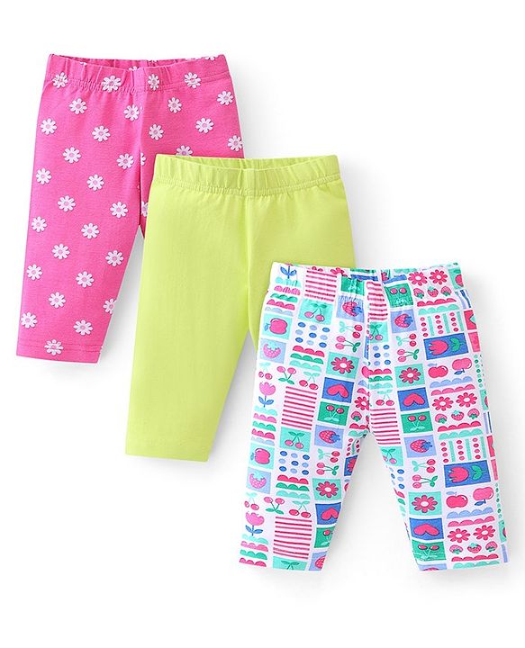 Babyhug Cotton Lycra Knit Three Fourth Legging Solid Color & Floral Print Pack of 3 - Green Pink & Blue