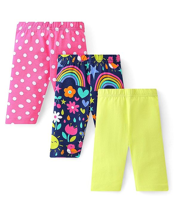 Babyhug Cotton Lycra Knit Three Fourth Legging Solid Color & Polka Dot Print Pack of 3 - Green Pink & Blue