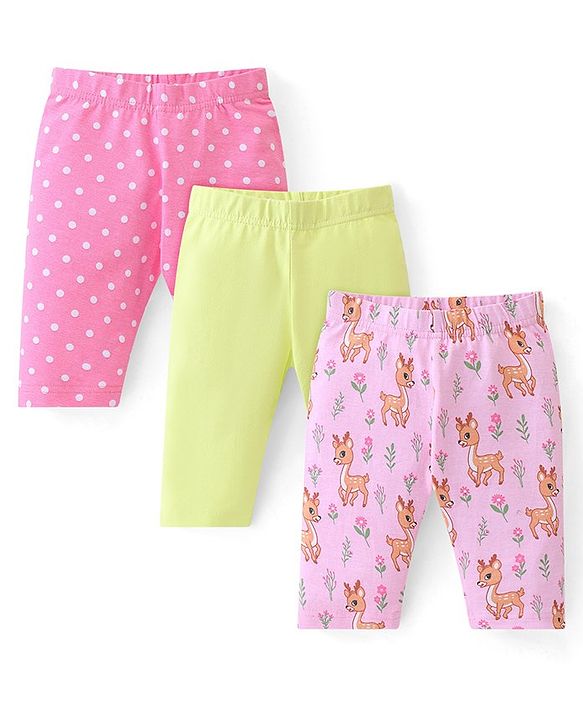 Babyhug Cotton Lycra Knit Three Fourth Legging Solid Color & Deer Print Pack of 3 - Green Pink & Peach