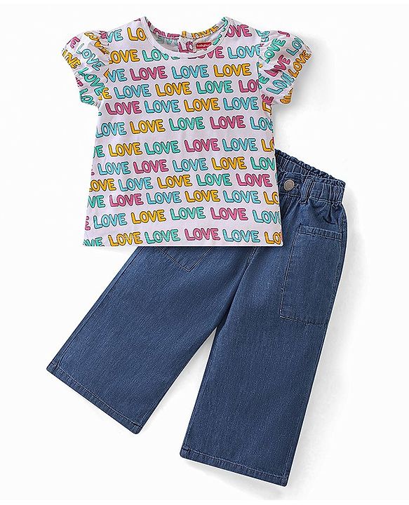 Babyhug 100% Cotton Knit Single Jersey Half Sleeves Top With & Jeans With Text Print - White & Blue