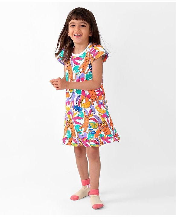 Babyhug Single Jersey Knit Cap Sleeves Nighty Jungle Safari Theme - Multicolor