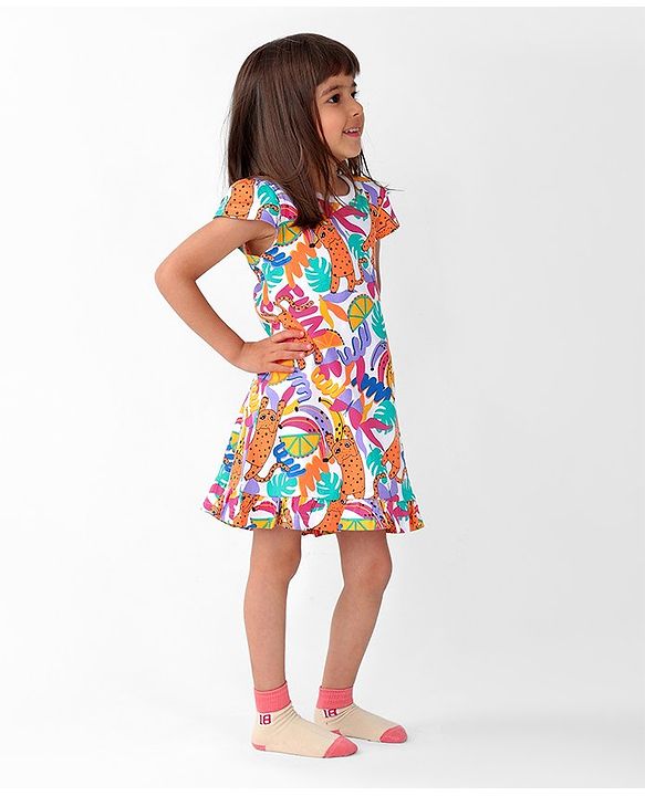 Babyhug Single Jersey Knit Cap Sleeves Nighty Jungle Safari Theme - Multicolor