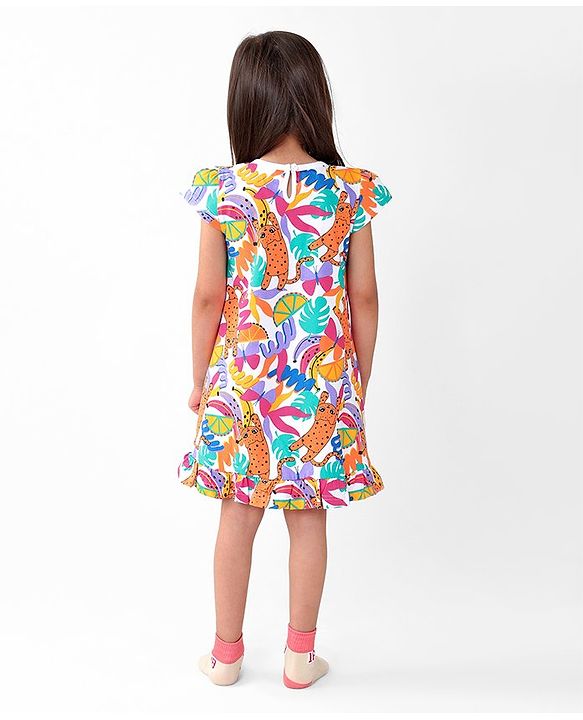 Babyhug Single Jersey Knit Cap Sleeves Nighty Jungle Safari Theme - Multicolor