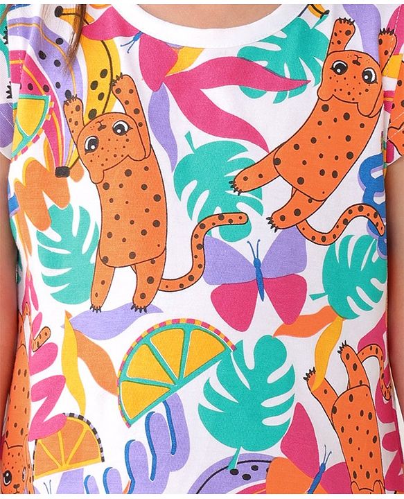 Babyhug Single Jersey Knit Cap Sleeves Nighty Jungle Safari Theme - Multicolor