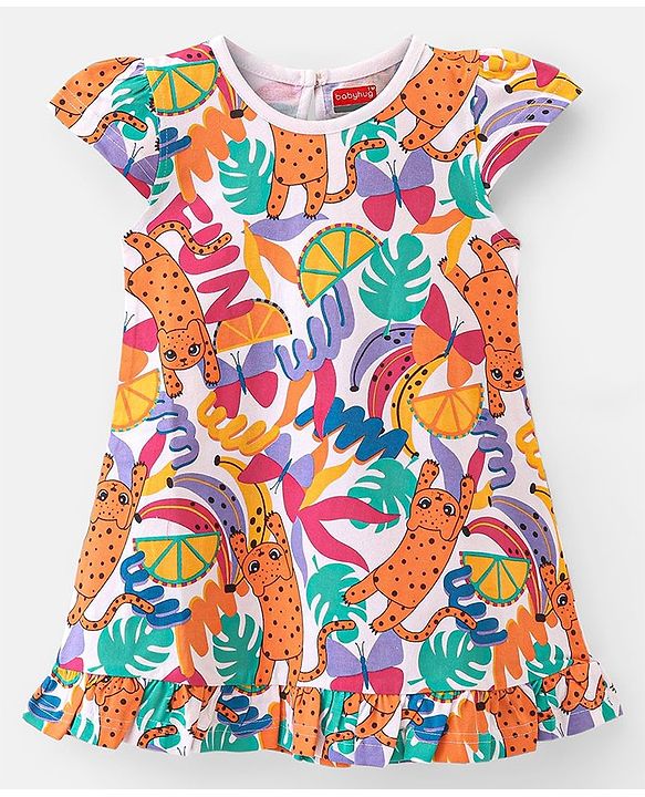 Babyhug Single Jersey Knit Cap Sleeves Nighty Jungle Safari Theme - Multicolor