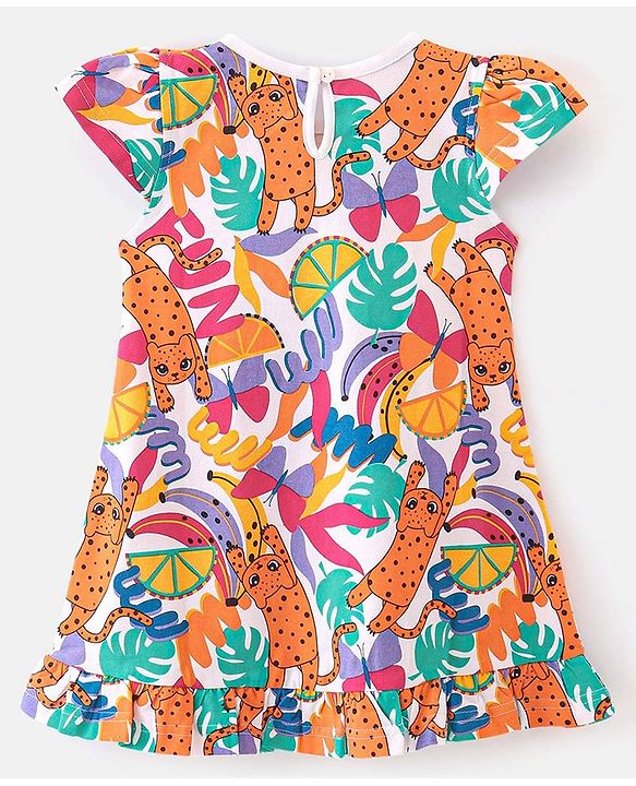 Babyhug Single Jersey Knit Cap Sleeves Nighty Jungle Safari Theme - Multicolor