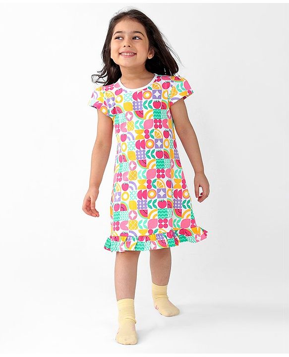 Babyhug Single Jersey Knit Cap Sleeves Nighty Watermelon Print - Multicolor