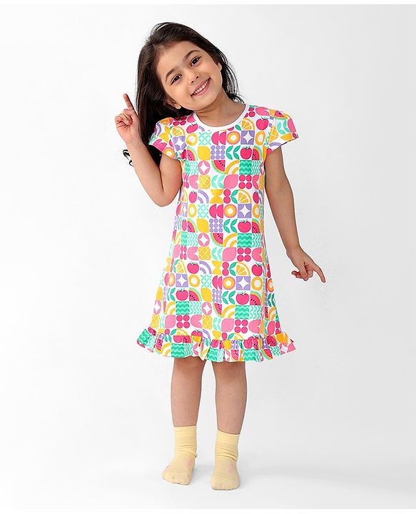 Babyhug Single Jersey Knit Cap Sleeves Nighty Watermelon Print - Multicolor