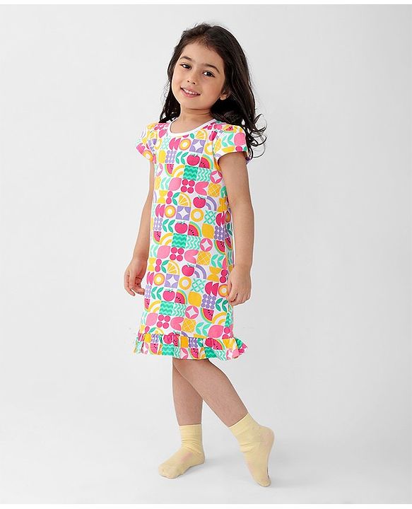 Babyhug Single Jersey Knit Cap Sleeves Nighty Watermelon Print - Multicolor