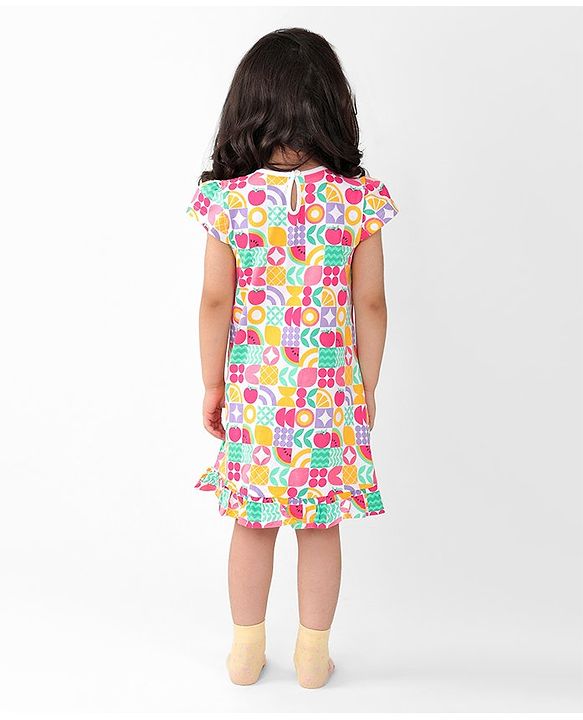 Babyhug Single Jersey Knit Cap Sleeves Nighty Watermelon Print - Multicolor