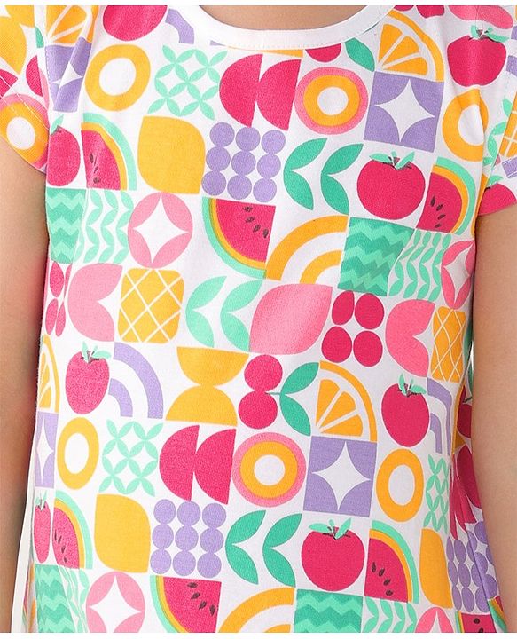 Babyhug Single Jersey Knit Cap Sleeves Nighty Watermelon Print - Multicolor