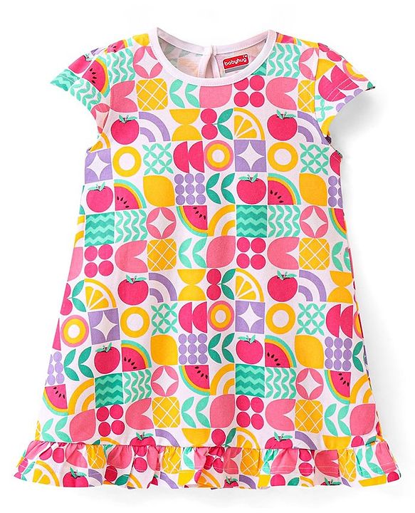 Babyhug Single Jersey Knit Cap Sleeves Nighty Watermelon Print - Multicolor