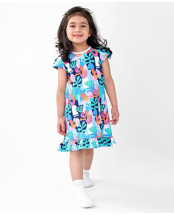 Babyhug Cotton Knit Cap Sleeve Nighty With Tropical Theme-Multicolor