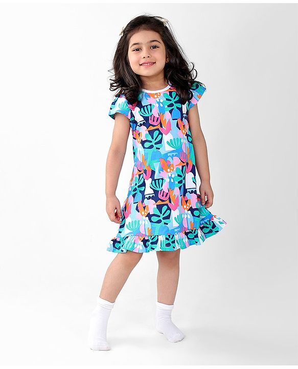 Babyhug Cotton Knit Cap Sleeve Nighty With Tropical Theme-Multicolor
