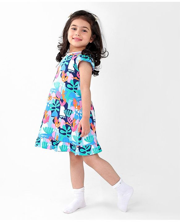 Babyhug Cotton Knit Cap Sleeve Nighty With Tropical Theme-Multicolor