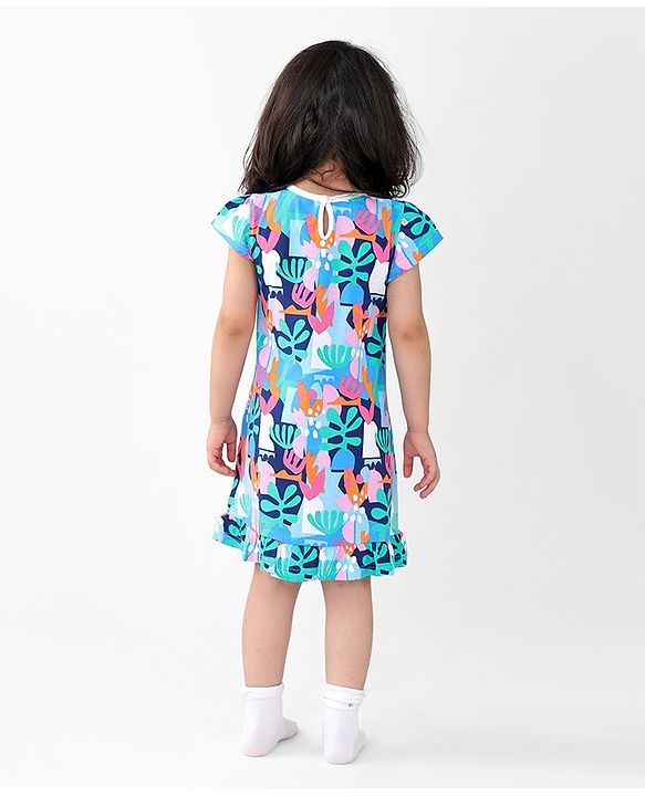 Babyhug Cotton Knit Cap Sleeve Nighty With Tropical Theme-Multicolor