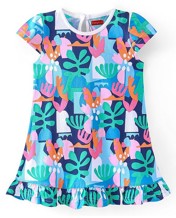 Babyhug Cotton Knit Cap Sleeve Nighty With Tropical Theme-Multicolor