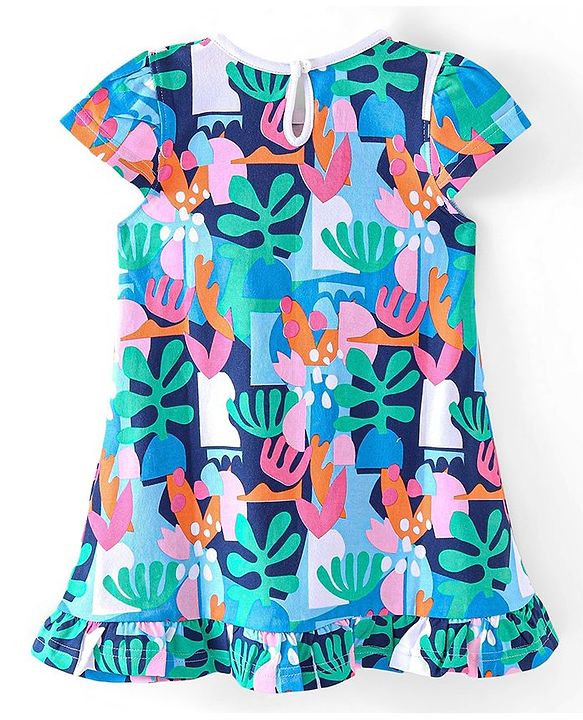 Babyhug Cotton Knit Cap Sleeve Nighty With Tropical Theme-Multicolor