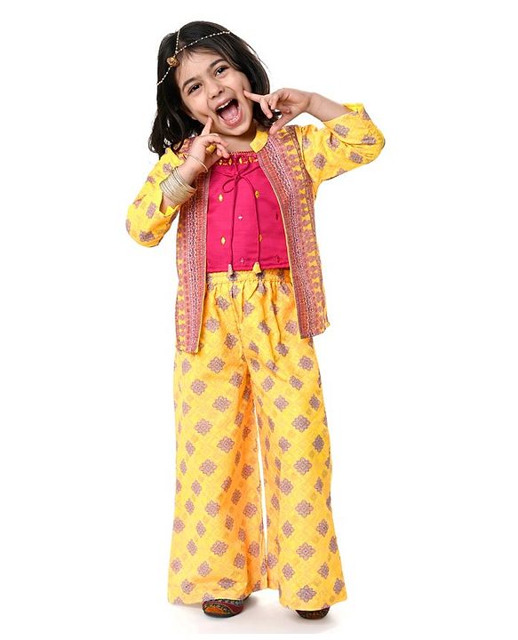 Babyhug Embellished Crop Top with Block Printed Palazzo & Three Fourth Sleeves Jacket Set - Yellow