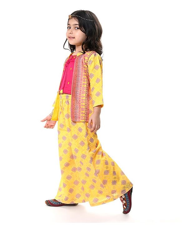 Babyhug Embellished Crop Top with Block Printed Palazzo & Three Fourth Sleeves Jacket Set - Yellow