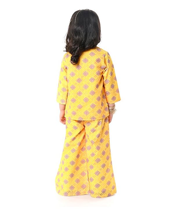 Babyhug Embellished Crop Top with Block Printed Palazzo & Three Fourth Sleeves Jacket Set - Yellow