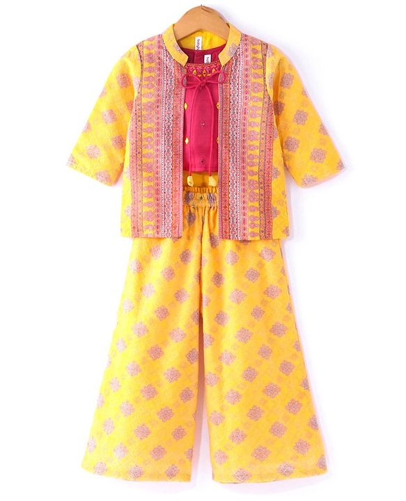 Babyhug Embellished Crop Top with Block Printed Palazzo & Three Fourth Sleeves Jacket Set - Yellow