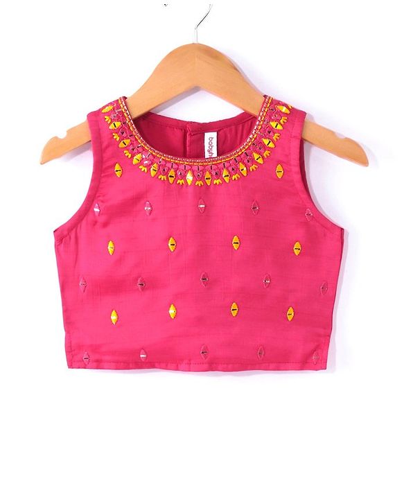 Babyhug Embellished Crop Top with Block Printed Palazzo & Three Fourth Sleeves Jacket Set - Yellow