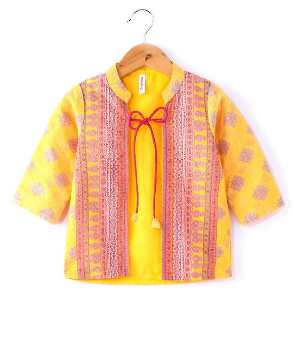 Babyhug Embellished Crop Top with Block Printed Palazzo & Three Fourth Sleeves Jacket Set - Yellow