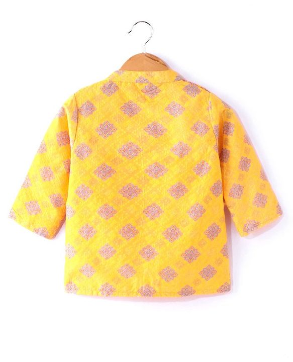 Babyhug Embellished Crop Top with Block Printed Palazzo & Three Fourth Sleeves Jacket Set - Yellow