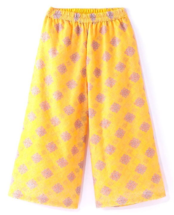 Babyhug Embellished Crop Top with Block Printed Palazzo & Three Fourth Sleeves Jacket Set - Yellow