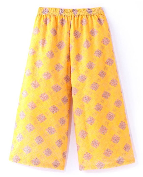 Babyhug Embellished Crop Top with Block Printed Palazzo & Three Fourth Sleeves Jacket Set - Yellow