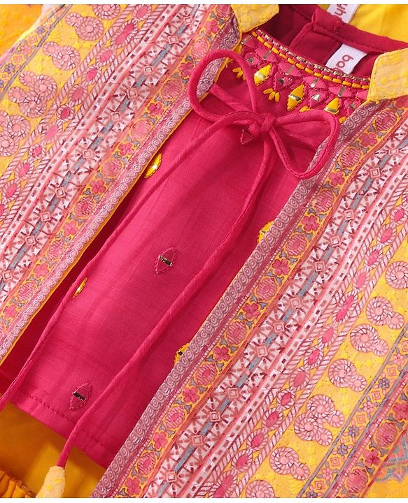 Babyhug Embellished Crop Top with Block Printed Palazzo & Three Fourth Sleeves Jacket Set - Yellow