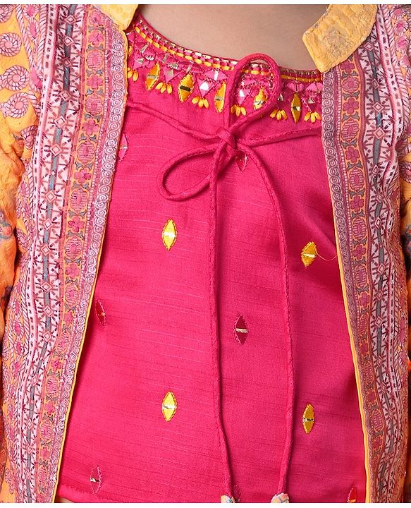 Babyhug Embellished Crop Top with Block Printed Palazzo & Three Fourth Sleeves Jacket Set - Yellow
