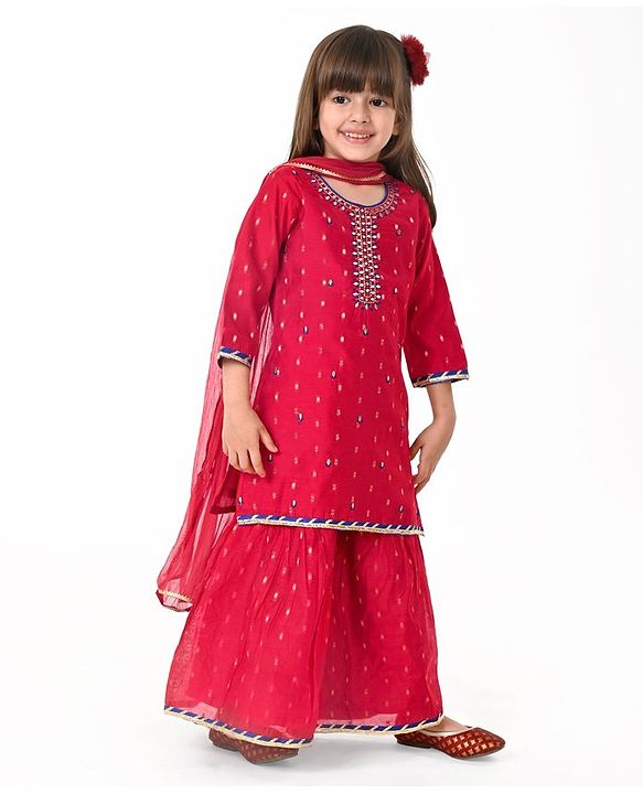 Babyhug Woven Three Fourth Sleeve Chanderi Embroidered Kurti Palazzo and Dupatta Set - Red