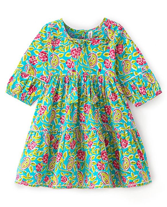 Babyhug Cambric Woven Three Fourth  Sleeves Floral Printed Ethnic Dress - Light Green