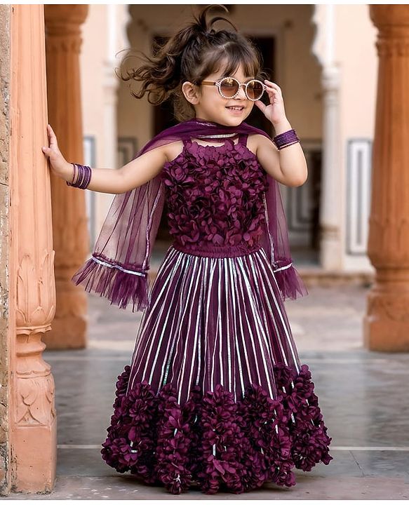 Babyhug Sleeveless Net Flowered Choli & Lehenga with Dupatta - Purple